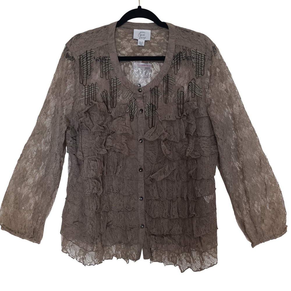Casual Living Lace Top Women 2X Taupe Brown Ruffle Chain Embroidered Sheer